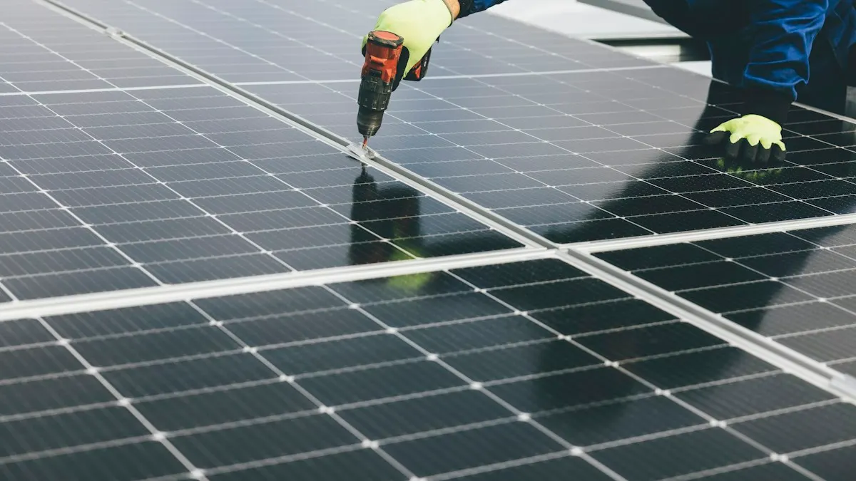 Technician installing rooftop solar panels